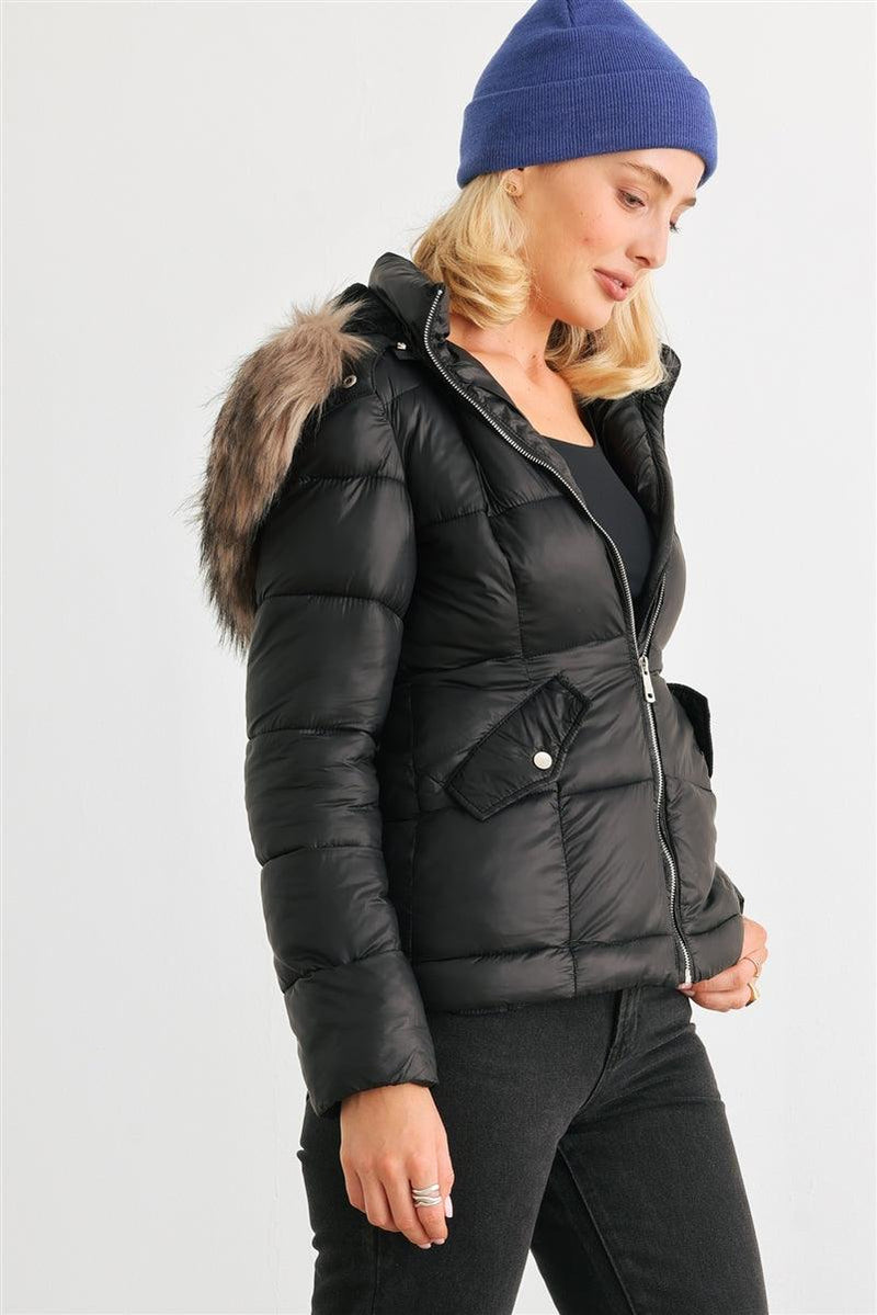 Load image into Gallery viewer, Long Sleeve Faux Fur Hood Padded Water-Resistant Jacket Shop Now at Rainy Day Deliveries
