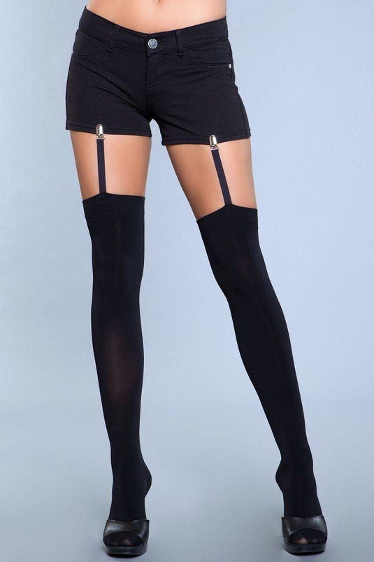 Opaque Thigh Highs with Attached Clip Garter - One Size Fits Most Shop Now at Rainy Day Deliveries