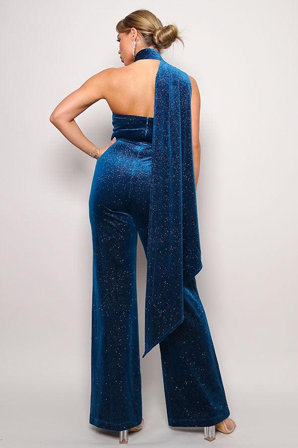 Load image into Gallery viewer, Glitter Velvet Scarf Top Jumpsuit Shop Now at Rainy Day Deliveries
