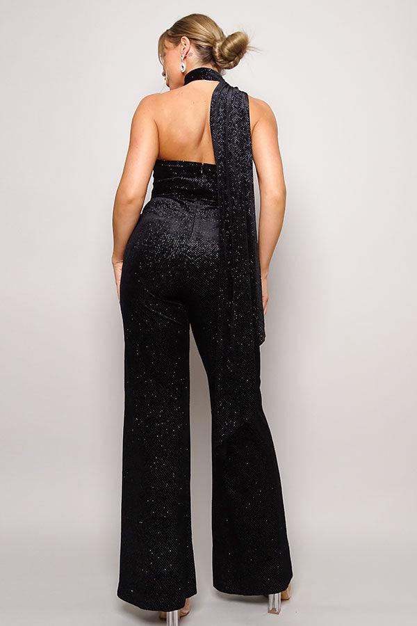Load image into Gallery viewer, Glitter Velvet Scarf Top Jumpsuit Shop Now at Rainy Day Deliveries
