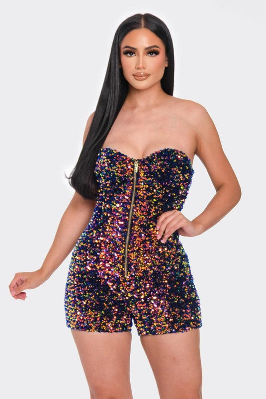 Multi Sequins Tube Top Romper with Gold Zipper and Illusion Neckline Shop Now at Rainy Day Deliveries