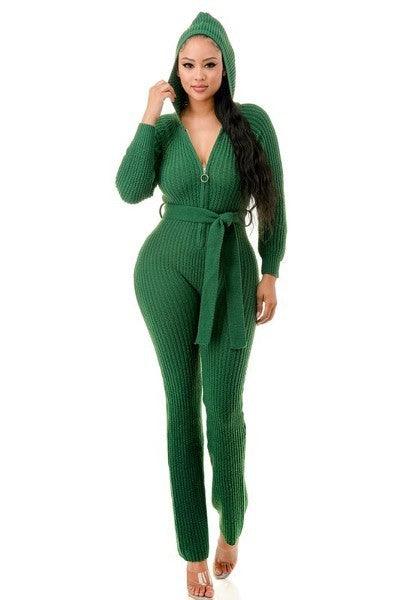 Monroe Hooded Jumpsuit with Thick Knit and Belt Shop Now at Rainy Day Deliveries