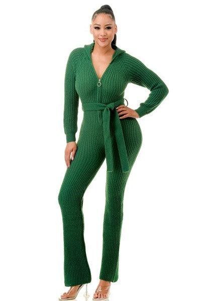 Monroe Hooded Jumpsuit with Thick Knit and Belt Shop Now at Rainy Day Deliveries