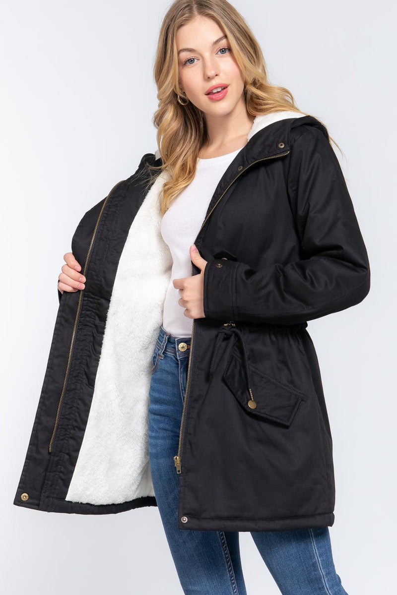 Load image into Gallery viewer, Long Sleeve Fleece Lined Fur Hoodie Utility Jacket with Adjustable Drawstring Shop Now at Rainy Day Deliveries
