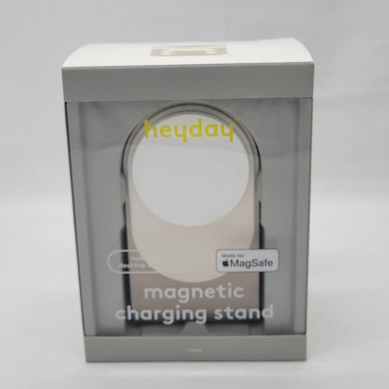 Load image into Gallery viewer, The Heyday MagSafe compatible charging stand packaged neatly in a clear-front box, emphasizing the product&#39;s elegant design and magnetic charging feature.
