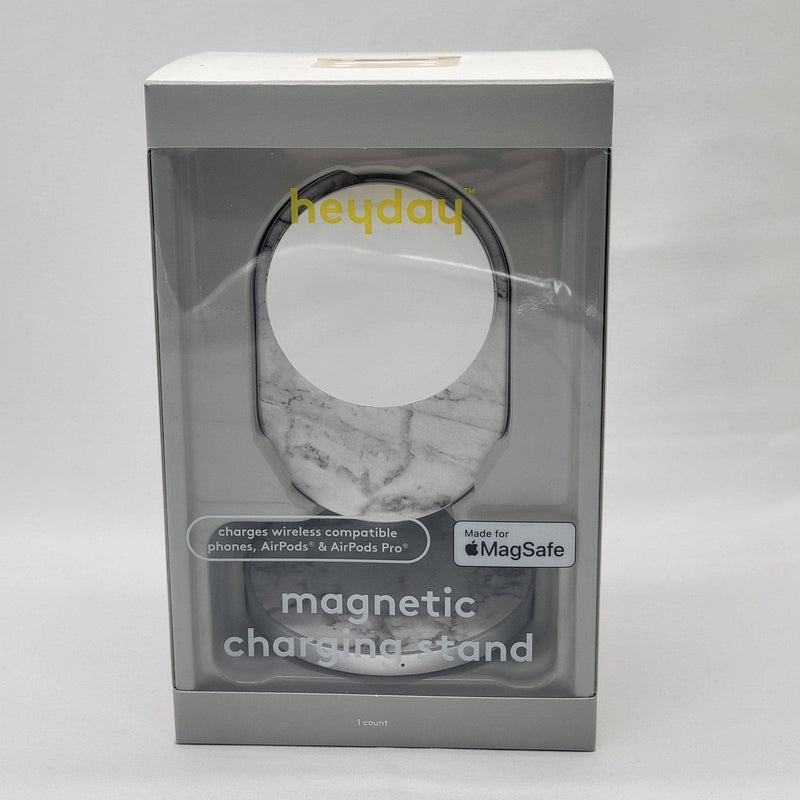 Load image into Gallery viewer, Heyday magnetic charging stand in its packaging, highlighting compatibility with MagSafe, wireless charging for phones, AirPods, and AirPods Pro.
